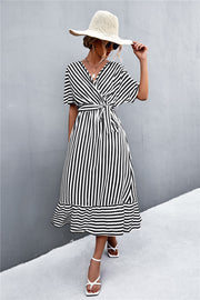 Spring And Summer Classic Product Cross V-neck Lace-up Striped Dress