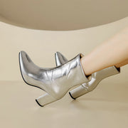 Pointed Toe Thick Heel Super High Heel Side Zipper Gold And Silver Color Middle Boots