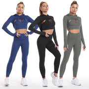 3pcs Sports Suits Long Sleeve Hooded Top Hollow Design Camisole And Butt Lifting High Waist Seamless Fitness Leggings Sports Gym Outfits Clothing