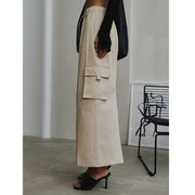 Women's Fashion Drawstring Elastic Waist Double Pocket Cotton High Waist Skirt