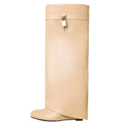 Retro Large Tube Pointed High Heel Metal Lock Wedge Pants Boots