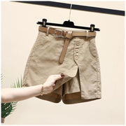 Summer New Button High Waist With Belt Cotton Shorts For Women