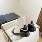 French Side Zipper Chunky Heel Round Toe Classic Style Short Boots Chain