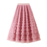 A-Line Mesh Ruffle Skirt Women's Temperament Sweet Long Skirt Slim Cupcake Dress Womens Clothing