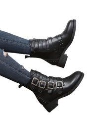 Women's Fashion Belt Buckle Flat Heel Mid-calf Chunky Heel Round Head Dr Martens Boots