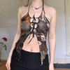 Asymmetric Print Multi-wear Suspenders Undershirt  Summer Hollow Sexy Backless Lace-up Tops