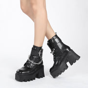 New Square Toe Thick Heel Side Zipper Platform Belt Buckle Platform Shoes Female Chain Martin Boots
