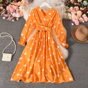 Tie Belt Love Pleated Long Dress