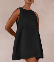 Cotton Hemp Solid Color Embroidered Ruffled Women's Dress