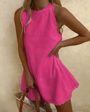 Cotton Hemp Solid Color Embroidered Ruffled Women's Dress