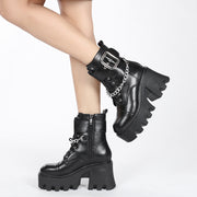 New Square Toe Thick Heel Side Zipper Platform Belt Buckle Platform Shoes Female Chain Martin Boots