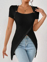 Women's Waffle Button Trim Long Hem Slit Top