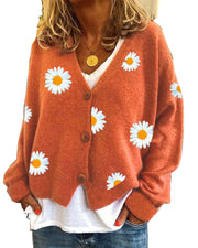 Women's Single Breasted Sweater Chrysanthemum Embroidered Cardigans Coat Clothes