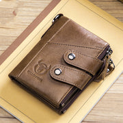 Men's Genuine Leather Retro Zipper Tri-fold Cowhide Wallet