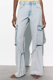Women's Fashion Loose Strap Accessories Mid Waist Cargo Jeans