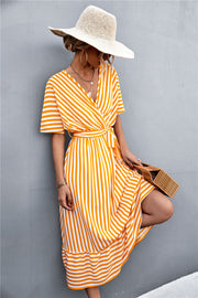 Spring And Summer Classic Product Cross V-neck Lace-up Striped Dress