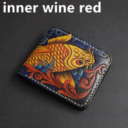 First Layer Cowhide Handmade Leather Carving Wallet Short Carp Couple Gift