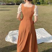 Vintage Flower Square Neck Panel Puff Sleeve Dress