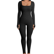 Fall Winter Women's Clothing Long Sleeve Jumpsuit Yoga Sexy One-piece Square Collar Sportwear