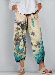 Cartoon Art Illustration Print Sew Pocket Hem Casual Pants