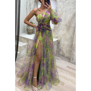Mesh Tie-dye Printed Off-shoulder Slit Dress Summer INS Fashion Long Dress Party Womens Clothing