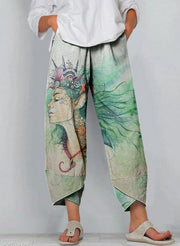 Cartoon Art Illustration Print Sew Pocket Hem Casual Pants