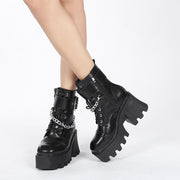 New Square Toe Thick Heel Side Zipper Platform Belt Buckle Platform Shoes Female Chain Martin Boots