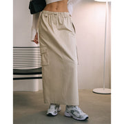 Women's Fashion Drawstring Elastic Waist Double Pocket Cotton High Waist Skirt