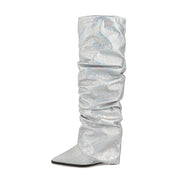 Women's Pointed Stitching Sleeve Flanging Pleated High Leg Boot