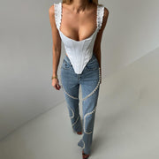 Fashion Women Clothing Loose Straight-cut Rhinestone Jeans With Design Sense