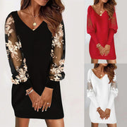 Long-sleeved V-neck Dress Spring And Autumn Lace Splicing Dress For Women's Clothing