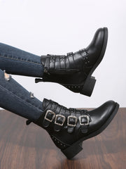 Women's Fashion Belt Buckle Flat Heel Mid-calf Chunky Heel Round Head Dr Martens Boots
