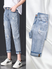 High Waist Nine-point Harem Daddy Women Pants Ripped Jeans Women