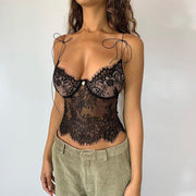 Women's Lace See-through Suspenders Sexy Show Chest Small Tank Tops Casual Tops