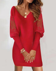 Long-sleeved V-neck Dress Spring And Autumn Lace Splicing Dress For Women's Clothing