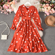 Tie Belt Love Pleated Long Dress