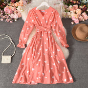 Tie Belt Love Pleated Long Dress